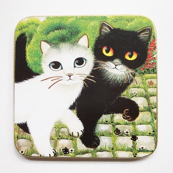 コルクコースター ウイーンの猫 黒猫白猫のお散歩 : 猫雑貨MIMIKOBO