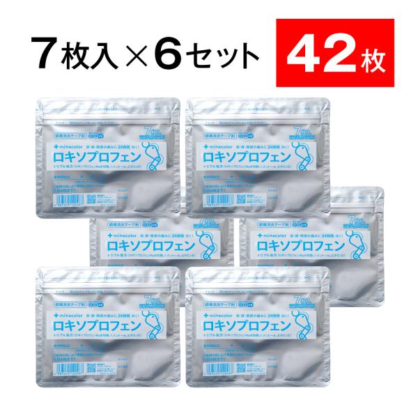 【第2類医薬品】ロキエフェクトLXテープα 7枚 ×6個セット ミナカラ【特徴】すぐれた鎮痛消炎効果をもつ「ロキソプロフェンナトリウム水和物」を8.1%配合。さらに、「l-メントール（鎮痛補助成分）」と「トコフェロール酢酸エステル（血行促進...