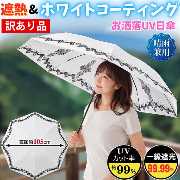 訳あり サンスマイル 一級遮光 お洒落UVホワイト日傘 ブラック T4573131789473 直径約105cm 遮熱 UVカット率約99％ 晴雨兼用 折りたたみ傘 爆買