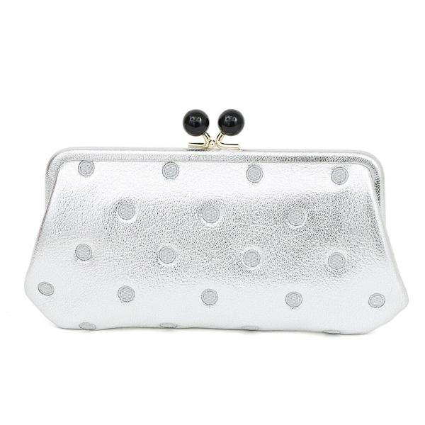 【美品】perche やぎ革　アクリル玉がま口長財布 シルバー perche（ペルケ） 長財布 財布 レディース がま口財布 シルバードット