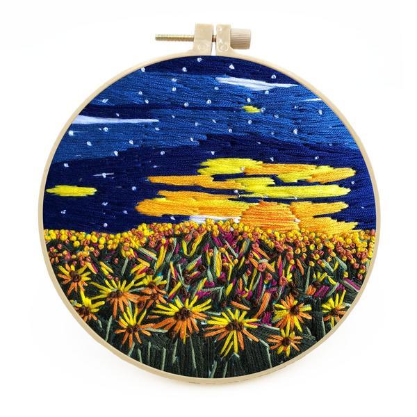 刺繍キット 星 照らす 花畑 風景( 図柄印刷 刺繍布 糸 針 枠