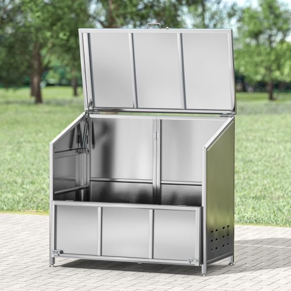素材はステンレス製なのでサビに強く、屋外での使用でも鉄製品より長持ちします。斜面蓋付きのデザインにより、雨水が溜まりにくく、屈まずにゴミを出し入れできます。前面パネルは半分に折りたため、大きく開くことで使いやすさが向上。カラスや野良猫からゴ...