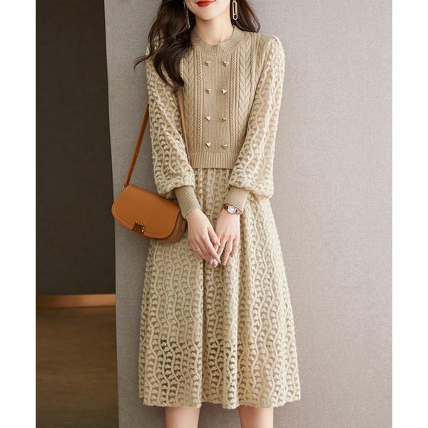 素材：ポリエステル70％+アクリル30%カラー：ブラック/ベージュ/ブラウンサイズ：ワンサイズ総丈:約105cm 肩幅:約36cm 袖丈:約62cm ゆき:約80cm 身幅:約42cm 胸囲:約84-124cm ウエスト(ゴム仕様):約72...