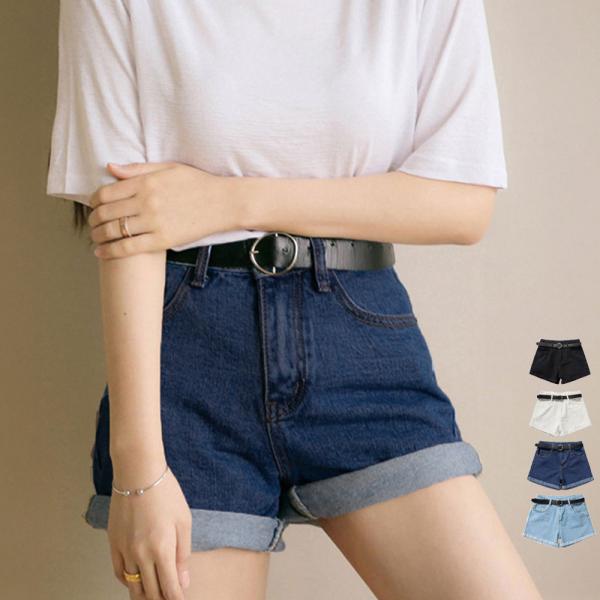 ハイウエスト デニムショートパンツ レディース 夏 ベルト付き ショー ...
