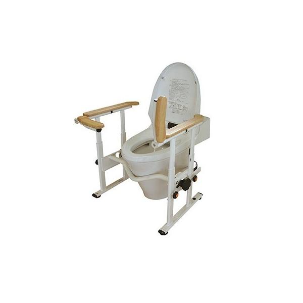 ・利用者の前方に手すりが下りてくるフロント手すり（はね上げタイプ）をプラス！排泄しやすい前傾姿勢を保持できます。また、前方への転倒防止につながります。・フロント手すりをはね上げて収納できるため、立ち座りの動作をスムーズに行えます。・便器の幅...