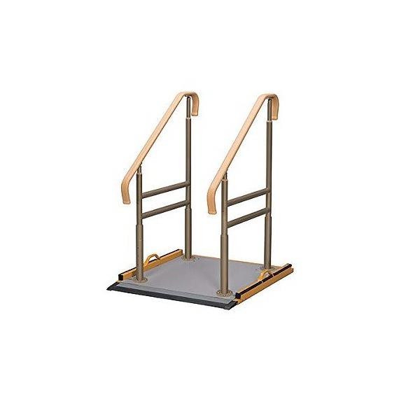 取り付け工事不要の設置式手すり さまざまな段差での乗り降りをサポートします。●高さ3〜36cmまでの段差に対応　●手すりフレーム2本の両手すりタイプ　●手すりの高さ（5段階）と角度の調節が可能　●ベースプレートにはスロープと保護マット付き　...