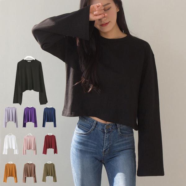 クロップ・トップス 無地 Ｔシャツ カットソー CROP 長袖 トップス【メール便送料無料】