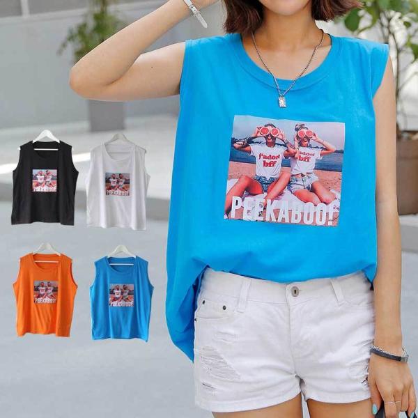 ノースリーブ  イラスト＆英字[PEEKABOO!] パッチ  半袖 Ｔシャツ カットソー トップス【メール便送料無料】