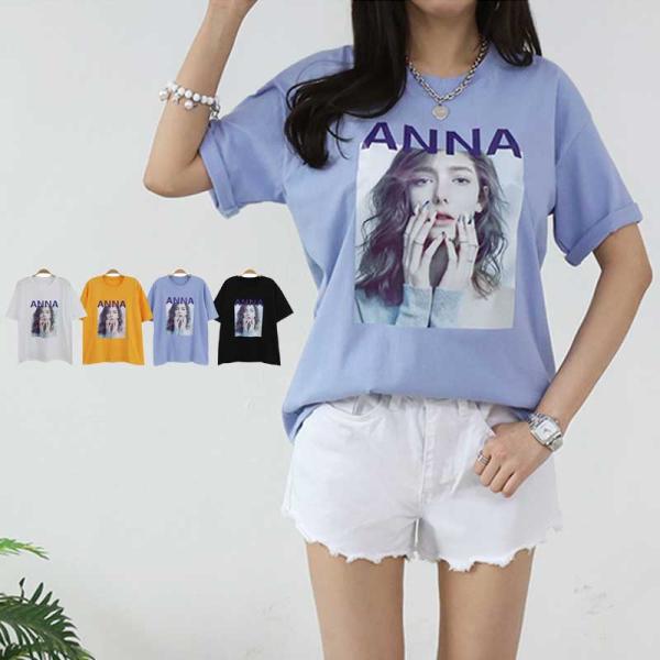 Ｔシャツ カットソー 英字[ANNA] イラスト パッチ 半袖 ゆったり トップス【メール便送料無料】