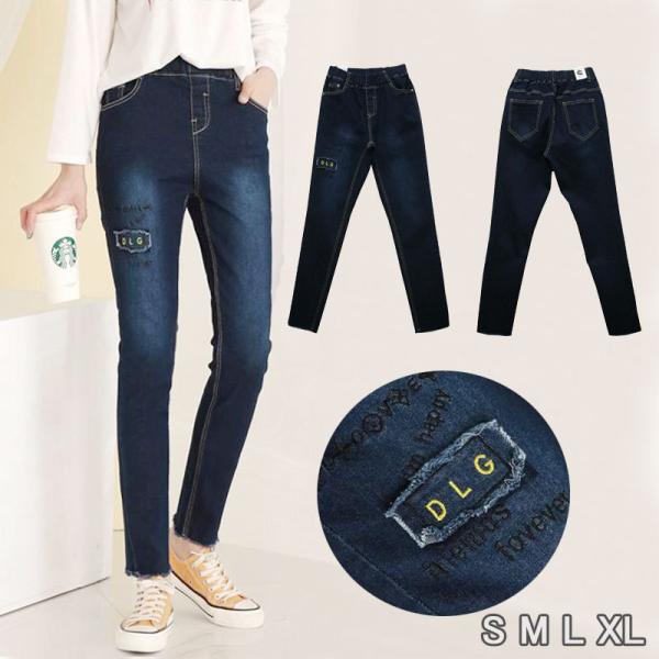 スキニーパンツ 英字[DLG]パッチ ストレッチ デニムパンツ レギパン 美脚 パンツ 伸びる 細い スリム ボトムス フィット レディース【メール便送料無料】