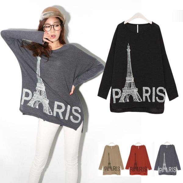 トップス ニットソー 裏起毛 PARISプリントゆったりシルエット ニットドルマンスリーブ チュニック バックロング カッソー【メール便送料無料】