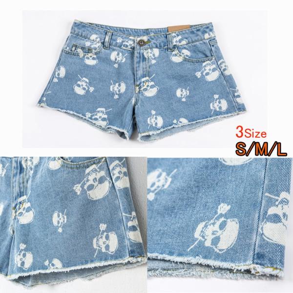 スカル柄ダメージ加工デニムショートパンツ/ドクロ 髑髏 カットオフ カジュアル レディース【メール便送料無料】