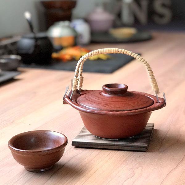 高級松茸土瓶蒸し器　土瓶/蓋／猪口／皿のセット　　三島陶器　スズ木　５客　個別箱 鉄赤平形土瓶むし 萬古焼 和食器 土瓶むし 業務用 和食 和風 松茸料理