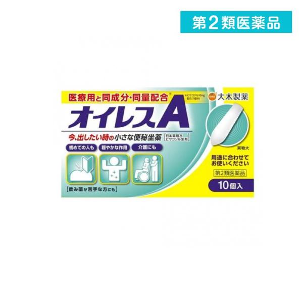 使用期限は6カ月以上先のものを送ります。オイレスAは有効成分（ビサコジル）が直腸内で直接作用します．便意があらわれても，1〜3分ぐらいがまんしてから排便してください．小さな坐薬なので違和感なく挿入できます．