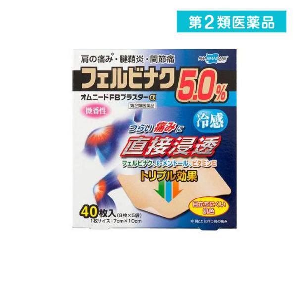 他サイト： 第２類医薬品 オムニードFBプラスターα 40枚 湿布薬 貼り薬 肩こり 腰痛 筋肉痛 関節痛 腱鞘炎 (1個)の商品画像