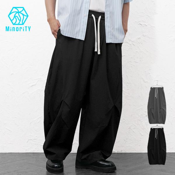 ワイドパンツ メンズ タック バレルレッグ 太め ゆったりパンツ ブラック グレー ビッグシルエット M L マイノリティ minority