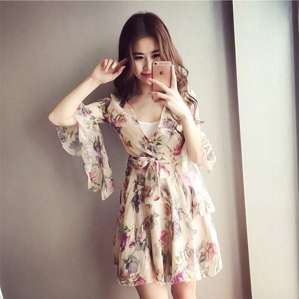 夏新品韓国風レディースワンピースvネックフェイクファーワンピース花柄プリントロリ風ビーチスカート七分袖ミニワンピースボヘミア風通勤 Xkungel Psevd9 Minto 通販 Yahoo ショッピング