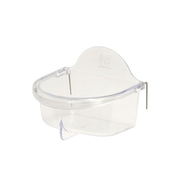 小鳥用食器W74×D66×H58mm小鳥が食べやすい深型で、奥と手前で深さに変化を付けたのでエサのロスが少ない！エサの状態が確認しやすい透明食器です。深くなっているお皿で、たっぷり容量！お皿の縁が丸く加工しているので、小鳥がゆっくりと留まれます。