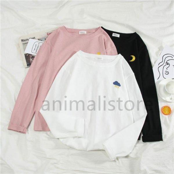 Tシャツ 長袖 レディース 長袖Tシャツ クルーネック カットソー 春秋 ス シンプル 刺繍Tシャツ カジュアルTシャツ