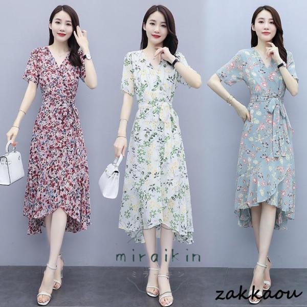 ロングワンピース レディース 花柄サマードレス リゾートワンピース ロング 半袖 シフォン Aライン 着痩せ 大人可愛い  キレイめ カジュアル