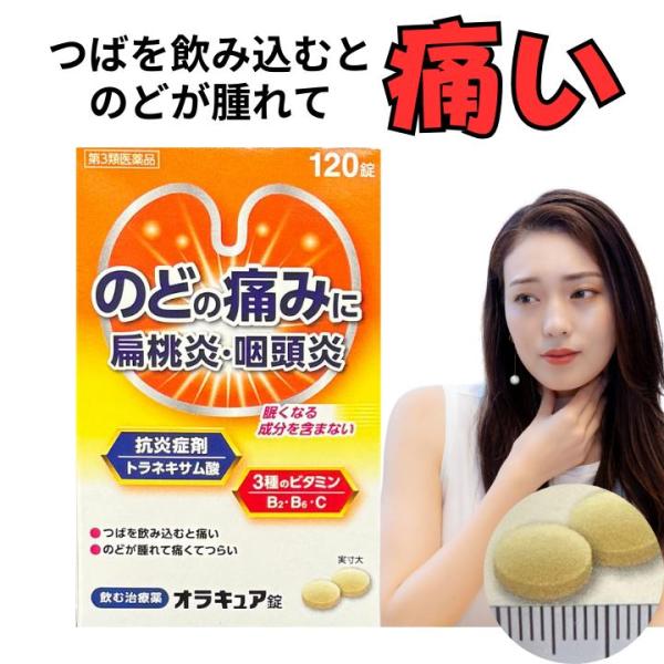 飲んで効く錠剤タイプつばを飲み込むと痛い腫れて痛いのどに・・・販売名 オラキュア錠内容量　120錠医薬品区分　第3類医薬品【効能・効果】口内炎、咽頭炎・扁桃炎(のどのはれ、のどの痛み)【【用法・用量】下記1回量を1日3回、朝昼晩に服用する。...