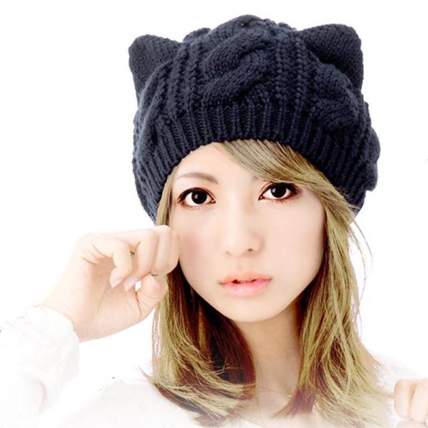 即納 ニット帽 ねこ耳 レディース 防寒 暖かい 秋冬 ケーブル編み ニット ビーニー 可愛い 猫耳帽子 ねこみみ 毛糸 ニット キャップ 縄編み