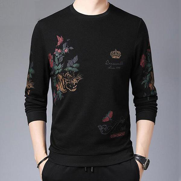 即納 長袖 ロングTシャツ ロンT プリント トップス メンズ クルーネック 丸首 インナー カットソー 個性的 ポリエステル 柔らかい 伸縮性 トラ柄 花柄