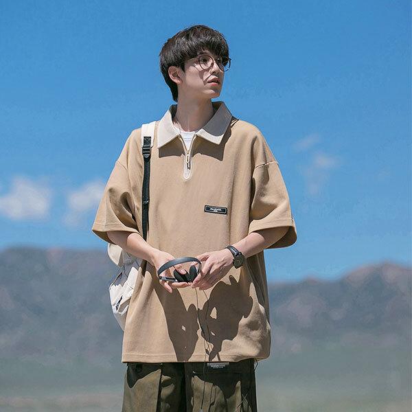 即納 ハーフジップ シャツ プルオーバーシャツ メンズ 半袖トップス カットソー ルーズ Tシャツ ストリート系 スケーター 韓国 ファッション