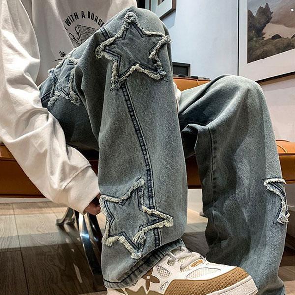 即納】星柄 ジーンズ ストレートパンツ メンズ ボトムス デニムパンツ