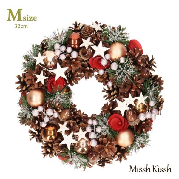 クリスマスリース リース 32cm ドングリ 星 レッドフラワー Mサイズ