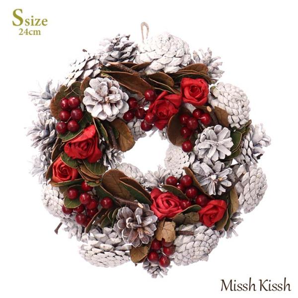 【商品名】リース 松ぼっくり 花 クリスマス Sサイズ Christmas Xmas White Pinecone &amp; Red Flower Wreath S【サイズ】φ: 24cm , D: 6cm