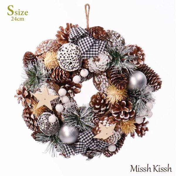 【商品名】リース ギンガムチェック リボン 星 クリスマス Sサイズ Christmas Xmas Gingham Check Snowy Wreath S【サイズ】φ: 24cm , D: 7cm