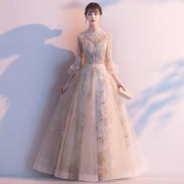 カラードレス ロングドレス パーティードレス 発表会 演奏会 ステージドレス コンクール イブニングドレス フォマール シャンパン 立ち襟 6分袖 袖付き missswteet1122_cd1872