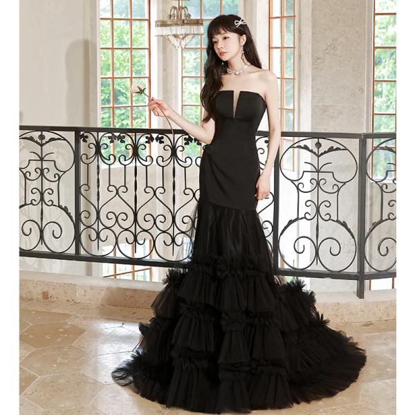 カラードレス ロングドレス マーメイドドレス ブラック ビスチェ 編み上げ サテン チュール トレーン フリル ウェディングドレス 結婚式 二次会  前撮り
