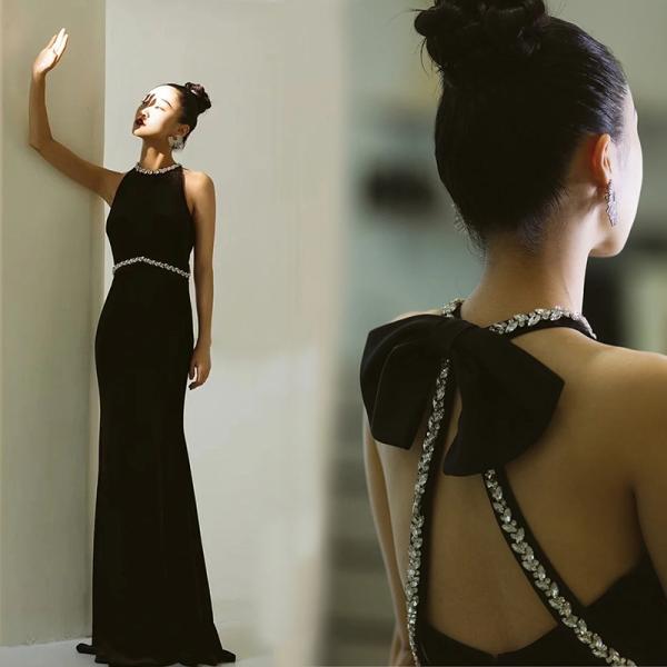 カラードレス パーティードレス イブニングドレス ブラック 黒 ベロア