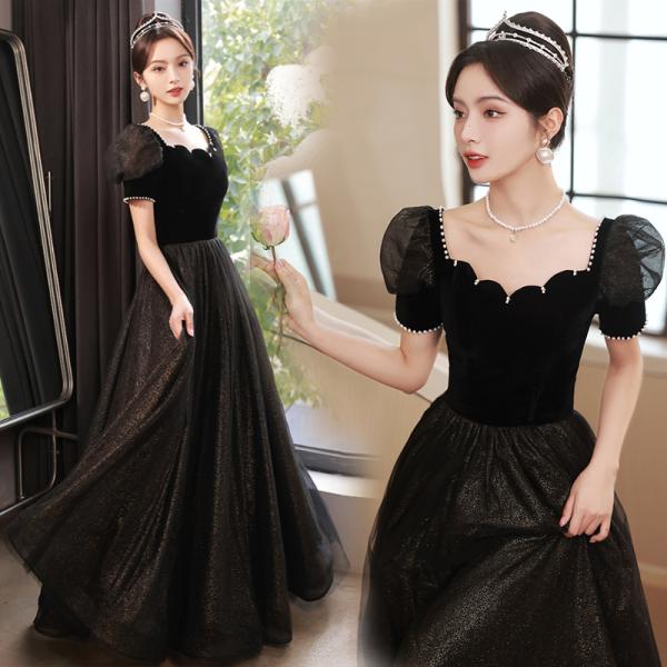 【着用画像あり】ドレスプロダクション　黒　パフスリーブドレス　ウエディング カラードレス ブラック 半袖 黒 パフスリーブ ウェディング