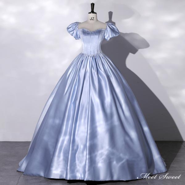 カラードレス 編み上げ ブルー パフスリーブ ロングドレス 結婚式  