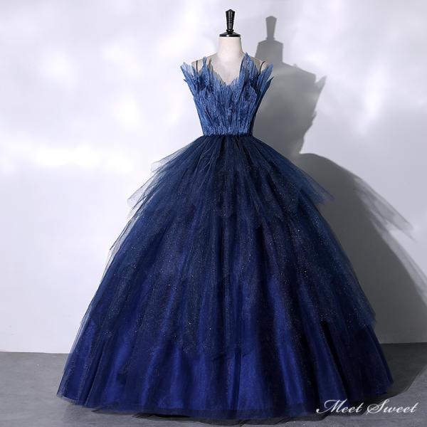 カラードレス 編み上げ ネイビー ビスチェ 青 ロングドレス 結婚