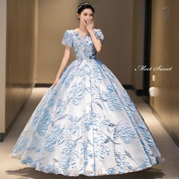 高級ステージドレス ロングドレス青白花柄 パフスリーブ サイズ調節可能No.7 カラードレス プリンセスライン ロングドレス ブルー パフスリーブ 花