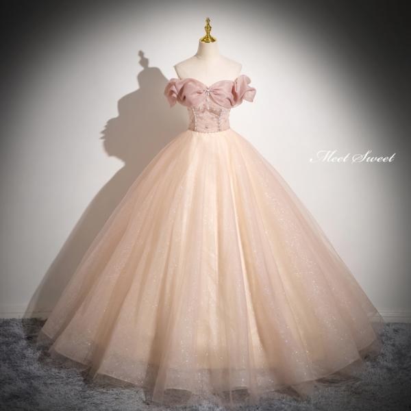 カラードレス プリンセスライン ピンク オフショルダー ロングドレス