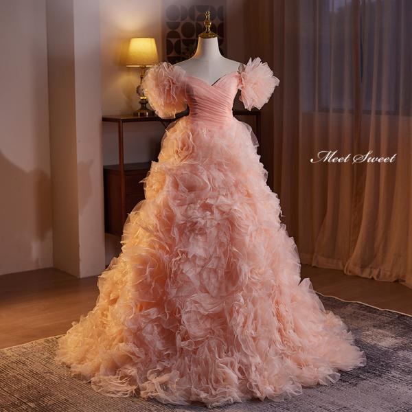 カラードレス プリンセスライン ピンク フリル ロングドレス