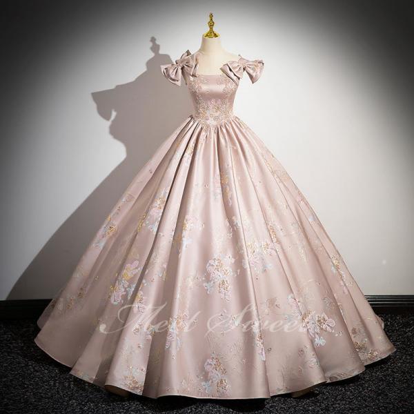 カラードレス Aラインドレス ピンク 花柄 リボン 袖なし サテン ロング