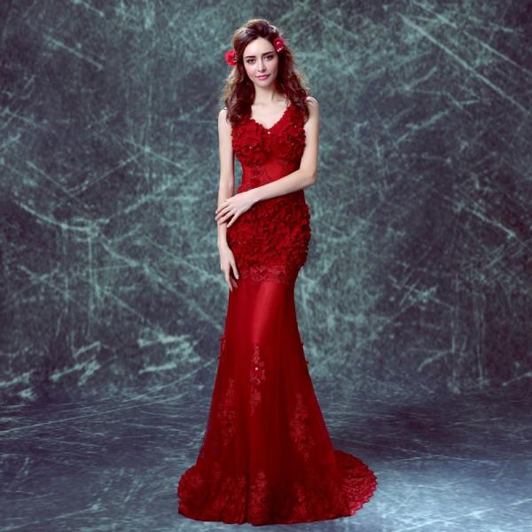 マーメイドドレス カラードレス 赤 ロングドレス 安い エンパイア 