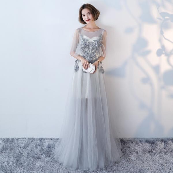 ロングドレス 演奏会 カラードレス 袖あり 結婚式 イブニングドレス