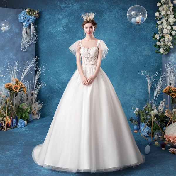 ウェディングドレス 袖あり 白 安い 結婚式 花嫁 二次会 パーティードレス レースアップ プリンセスライン ウエディング 大きいサイズ 上品 エレガント