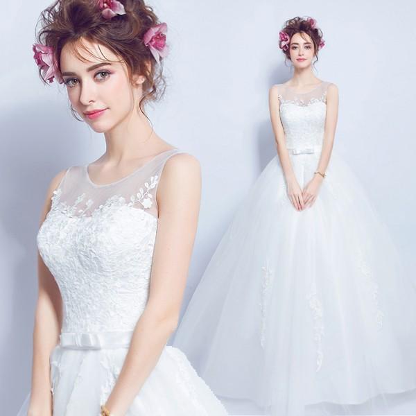 Web限定カラー ウエディングドレス エンパイア 大きいサイズ サッシュベルト ブライダル ロングドレス 披露宴 結婚式 ドレス 花嫁 プリンセス 安い ウェディングドレス 二次会 プリンセスライン サイズ M