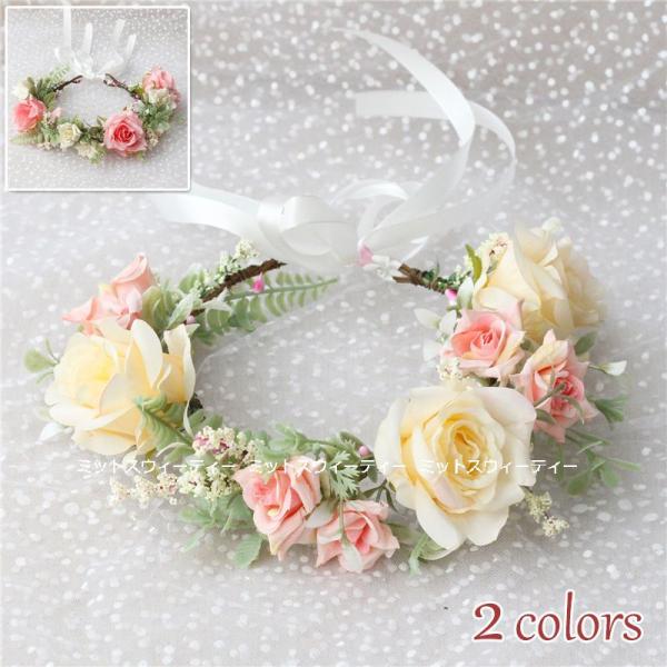 花冠 ピンク シャンパン ウェディング ヘッドドレス 花かんむり 造花