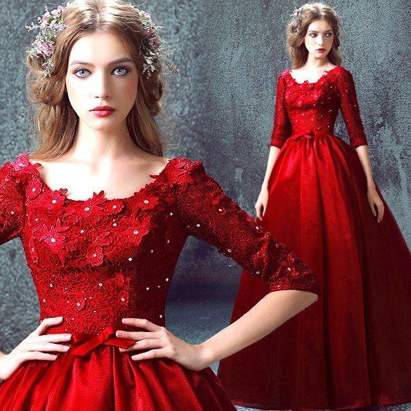 38 割引 国際ブランド カラードレス長袖ウエディングドレス赤演奏会安いパーティードレス披露宴二次会ロングド ワンピース ドレス レディース服 Urbanfarminginstitute Org