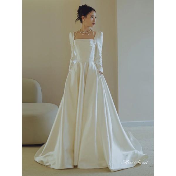 袖ありのワンピース　ロリィタファッション　シフォン　花嫁　2カラーブロック　スクエアネック　ウエディング　七分袖 missswteet1122_wd1507