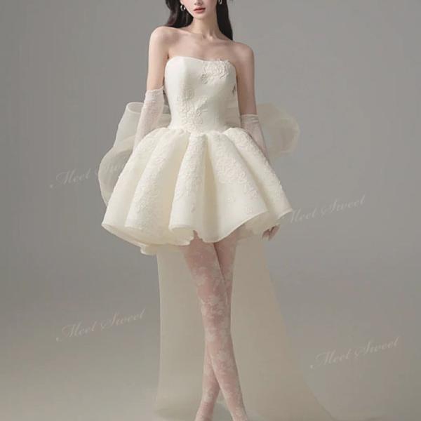 ウェディングドレス ベージュ リボン ミニ ショート丈 ミニドレス